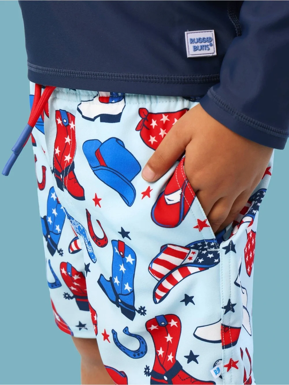 Ruggedbutts Boys Light Blue Spurs Cowboy Print Swim Trunks 2T